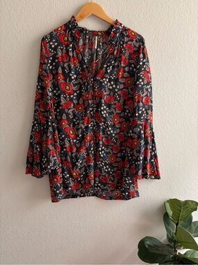 Free People Magic Mystery Flare Sleeve Boho Tunic Top Blue Floral Size small
